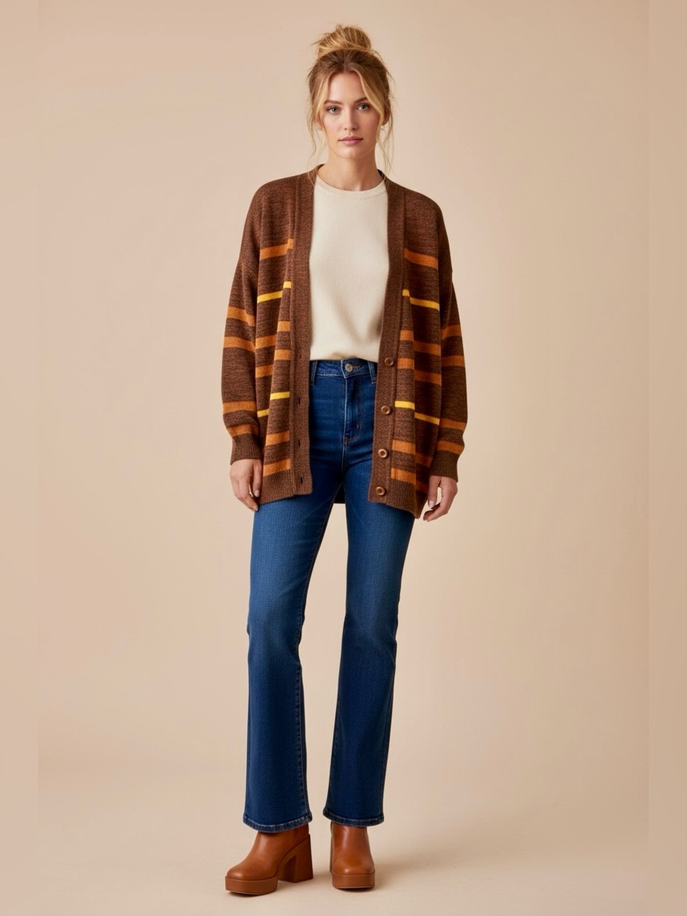 60s Striped Grunge Grampa Oversized Cardigan Sweater / Earth tone / L